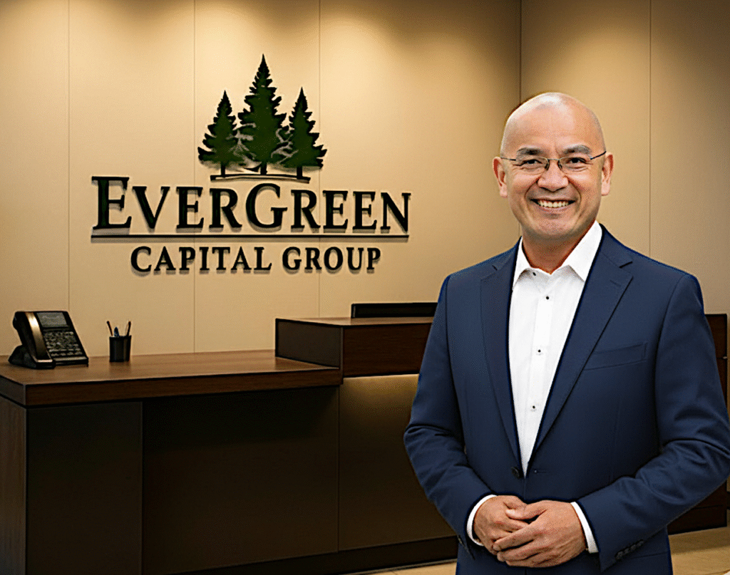 Mike standing infront of Evergreen Capital Group Office